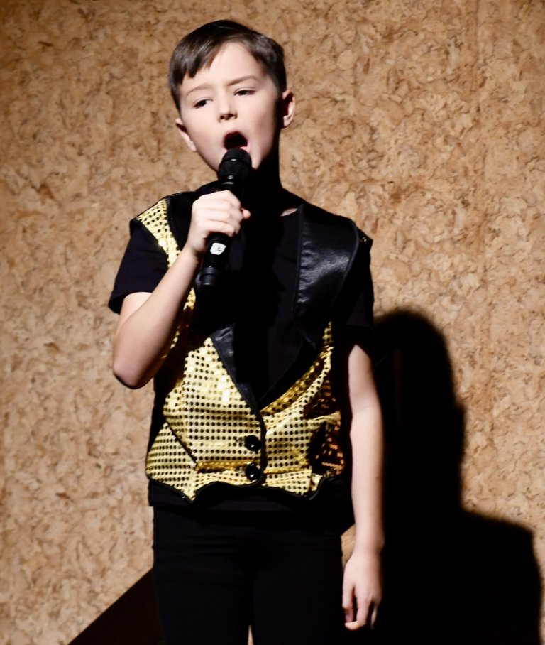 Junger Sänger in goldener Pailletten-Weste und schwarzem Shirt beim musikalischen Auftritt mit Mikrofon.