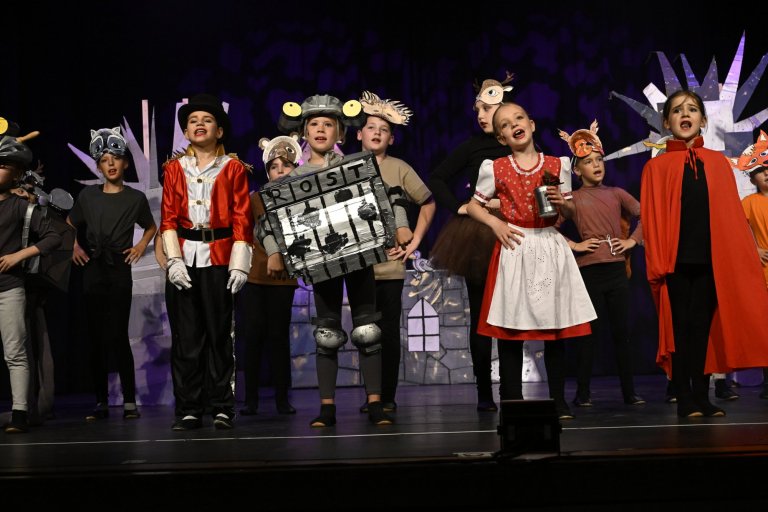 Kinder in bunten Kostümen auf Bühne bei MSA10 Jubiläumsshow der Musicalschule Ahrensburg.