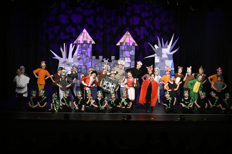 Musicalschule Ahrensburg Jubiläumsshow MSA10 mit Kindern und Erwachsenen auf Bühne vor fantastischem Schloss-Set.
