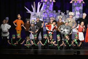 Große Gruppe von Kindern und Jugendlichen auf Bühne in bunten Kostümen zur MSA10-Jubiläumsshow der Musicalschule Ahrensburg.