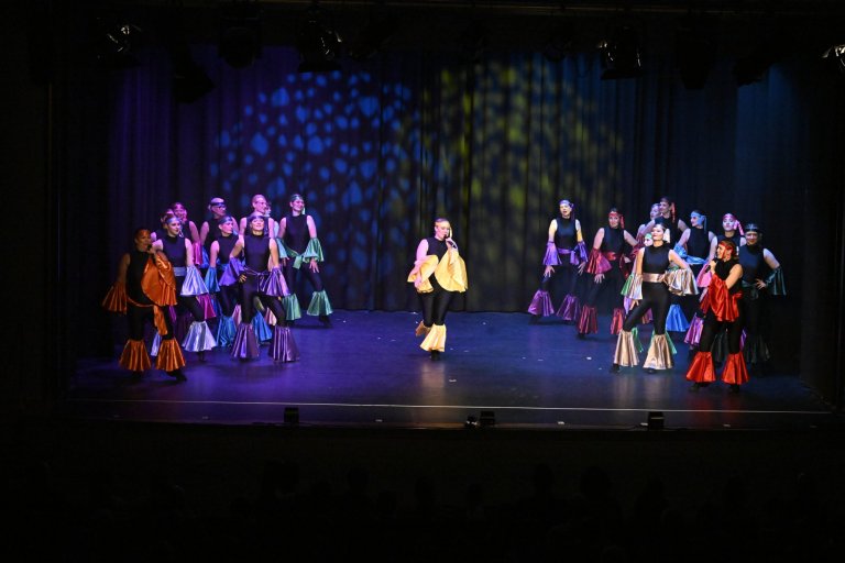Jubiläumsshow MSA10: Ensemble auf Bühne mit bunten Kostümen und Bühnenlicht, Solist in gelbem Outfit in Bildmitte.