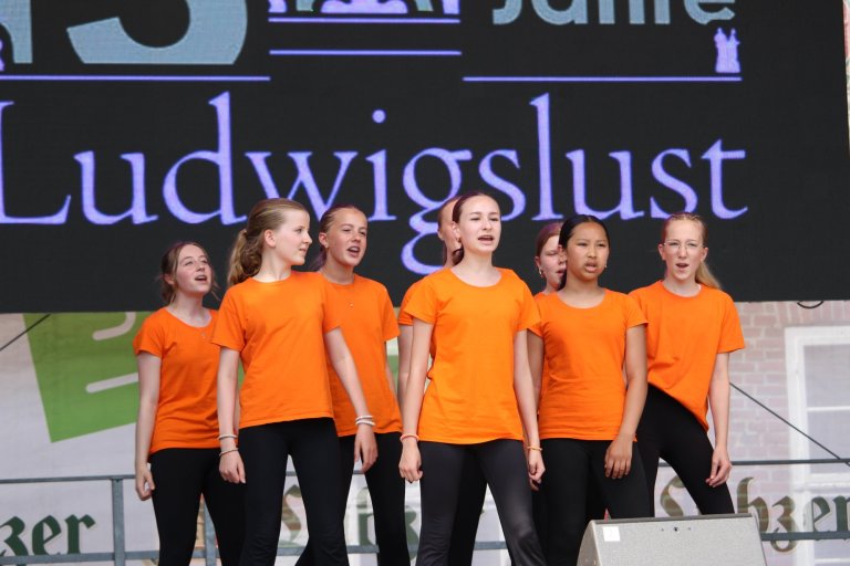 Sechs Kinder in orangefarbenen T-Shirts singen gemeinsam auf der Bühne beim Lindenfest Ludwigslust.