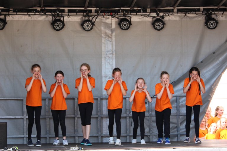 Sieben Kinder in orangenen Shirts präsentieren synchrone Bewegungen auf einer Bühne beim Lindenfest Ludwigslust.