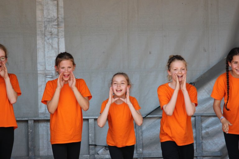 Fünf Mädchen in orangefarbenen T-Shirts führen beim Lindenfest Ludwigslust eine begeisterte Performance der Musicalschule Ahrensburg auf.