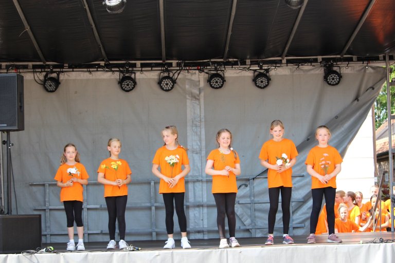 Sechs Kinder in orangenen T-Shirts mit Blumen auf der Bühne beim Lindenfest Ludwigslust der Musicalschule Ahrensburg.